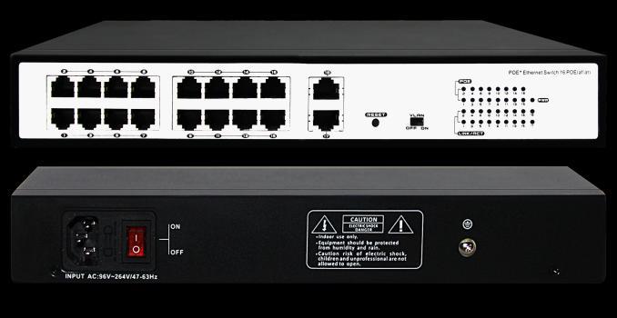 Model: POE-SW1602E Features 16-Port 10/100Mbps IEEE 802.3af/at PoE Switch (End-Span PSE) Comply with IEEE802.3, IEEE802.3u, IEEE802.3af/at standards Support IEEE802.