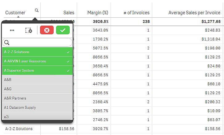 Selections in tables Table with selected fields in green You can make selections in a table by clicking or drawing in the dimension columns. Measure values cannot be selected.