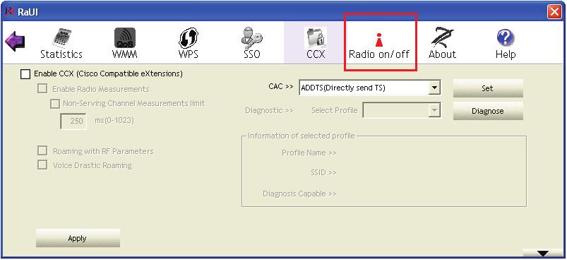 Radio On/Off Click on the button to enable/disable