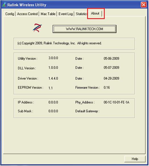 About The About page displays the wireless card and driver version information, displays
