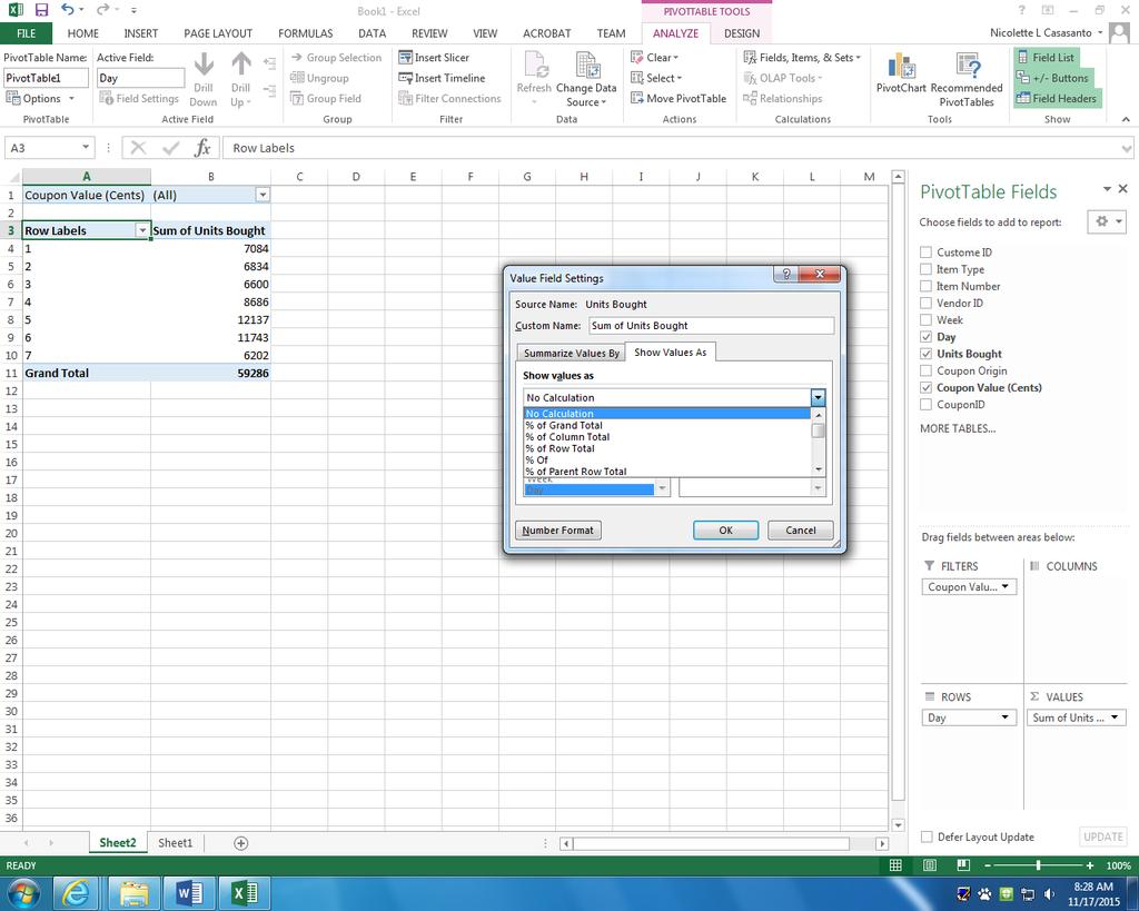 Select Value Field Settings You will see a box such as pictured appear. As seen in the screenshot, Sum is the preselected calculation used to summarize the data.