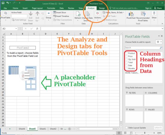 (see Figure 1) 4. Insert tab > PivotTable button (most left side) 5. Click OK in the Create PivotTable dialog box.