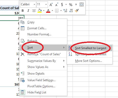 Figure 6 - handling dates Exercise #3 Value Field and Sort 1. Using the BigData tab, create a new Pivot Table on a new page 2. Select Region and BranchNumbers for the rows 3.