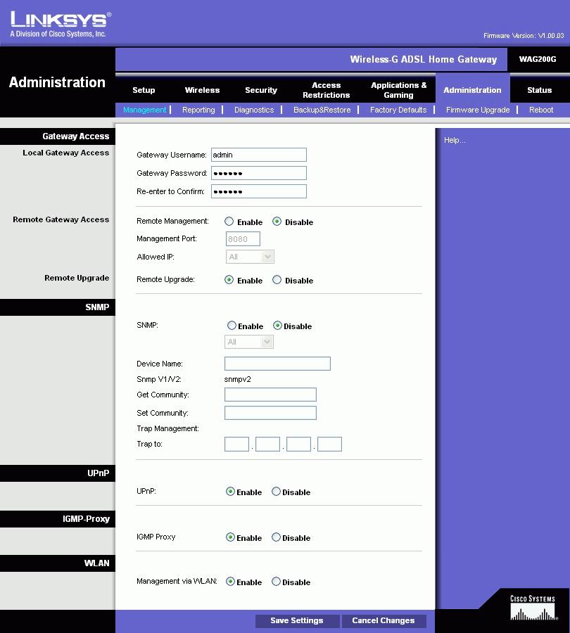 The Administration Tab The Management Tab The Management screen allows you to change the Gateway s access settings as well as configure the SNMP (Simple Network Management Protocol), UPnP (Universal