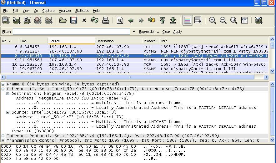 Command menus Line of Captured Packets Details of Selected Packet Header Packet content in hex and ASII Figure 2.