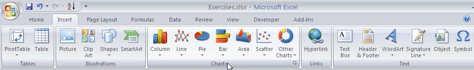Project Three Creating a Chart Unlike previous versions of Excel, Excel 2007 has no Chart Wizard. To create a chart, first select the data. Click on Insert to open the Insert ribbon.