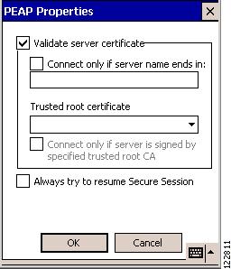 Configuring the Client Adapter Appendix E Figure E-9 PEAP Properties Window Step 5 Step 6 Make sure the Validate server certificate check box is checked if server certificate validation is required