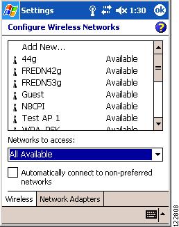 Appendix E Configuring the Client Adapter Figure E-4 Configure Wireless Networks Window (Wireless Tab) Step 7 Tap the SSID of the access point