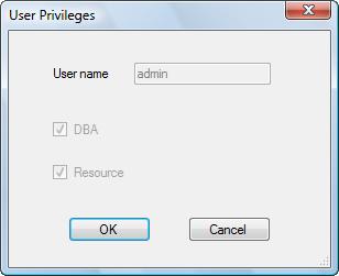 Set Privileges With this simple window you can modify the privileges for the selected user. DBA - Check this box if you want to make the selected user a database administrator.
