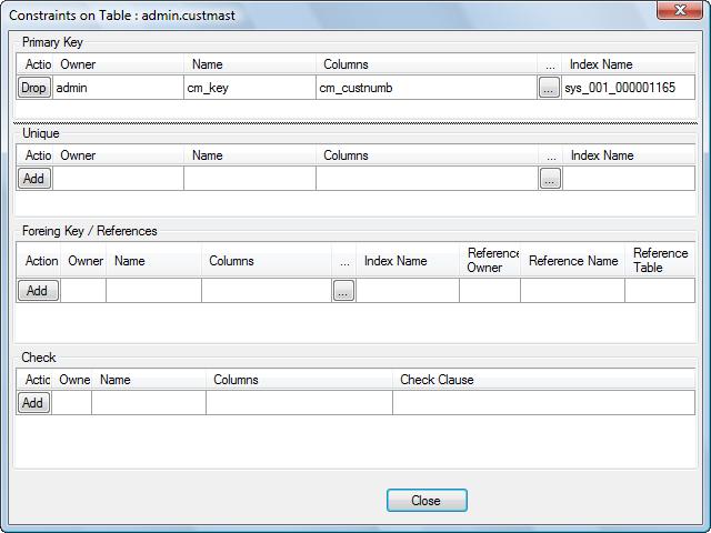 Table Constraints Access the Constraints menu option by highlighting the desired table in the file list and right-click to access the Table context menu and click on Constraints to load the following