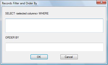 This menu provides access to the Records Filter and Order By dialog as shown here: SELECT <selected columns>