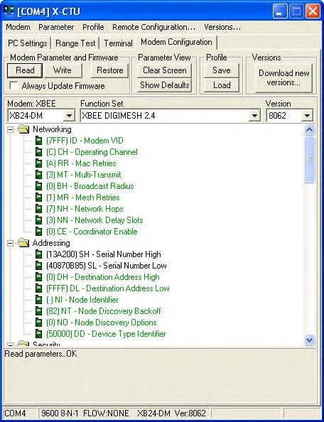 4.2 Configuring the Networking The next step is to click the Modem Configuration tab and then press the Read button to get a screen like the following: Figure 4-4 Under the Networking section there