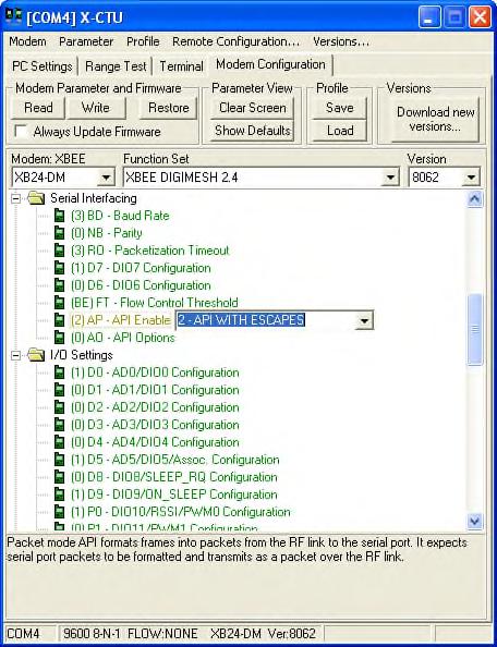 4.4 Configuring the Serial Interfacing There are a few options to set here: Figure 4-6 One option that needs setting here is the API enable.