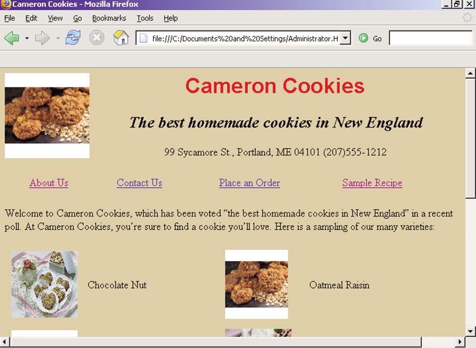 FIGURE 7 Your Updated Web Page for Cameron Cookies Creating Your Other Pages 1. Copy your index.htm 