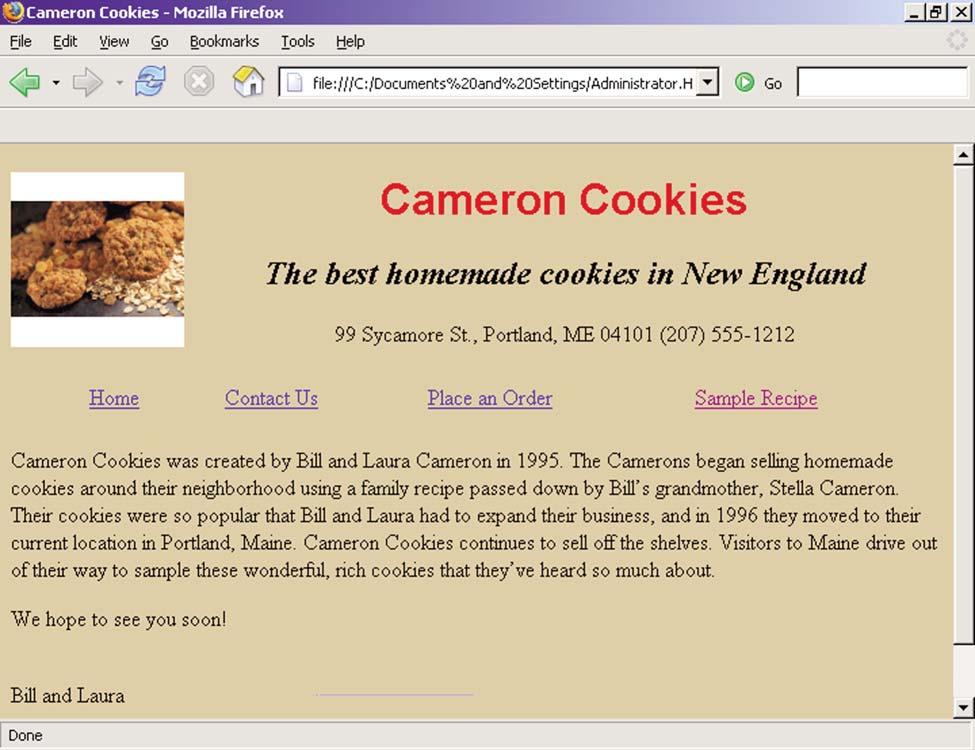 FIGURE 8 The Web Page for About.htm Modifying the Recipe Page 1. Type Chocolate Chip Cookies in a Heading 2 format. 2. Type Ingredients in a Heading 3 