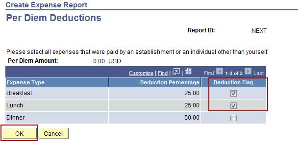 4. On the Per Diem Deductions page, check the box next to the meals that should not be reimbursed for that day.