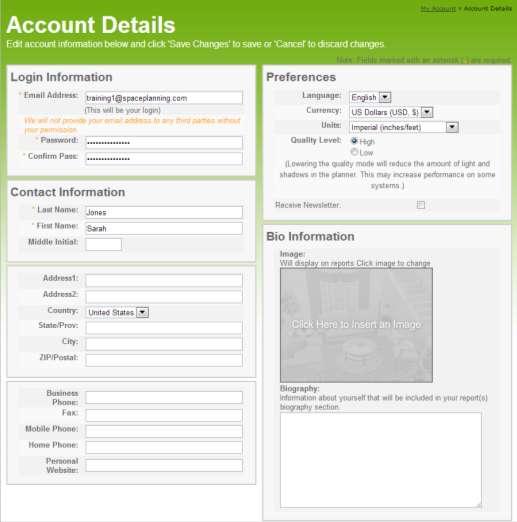 Account Details This section is where you can change your user login details (user name and password), and your own contact details,