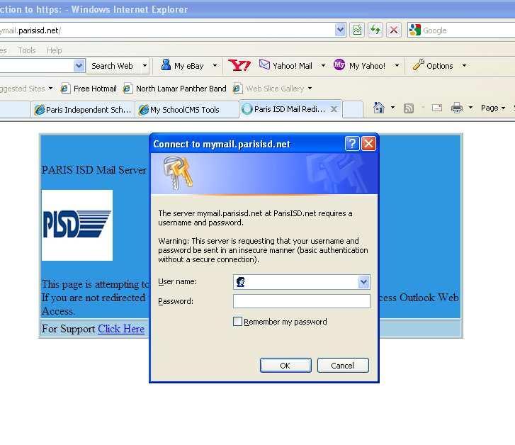 Logging In Open Internet Explorer/Mozilla Firefox and go to http://mymail.parisisd.net (notice there is no www ). You will see a brief snapshot of a welcome screen followed by a login box.