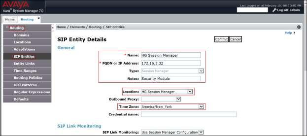The following screen shows the addition of the HG Session Manager SIP Entity for Session Manager.