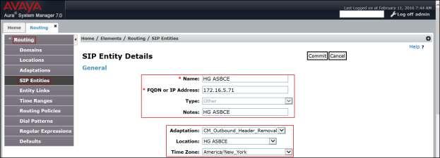 The following screen shows the addition of the HG ASBCE SIP Entity for the Avaya SBCE.