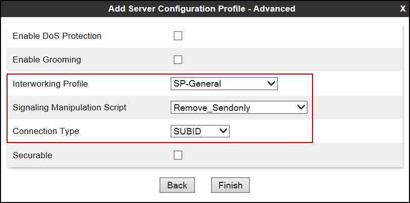 On the Advanced tab, select SP-General from the Interworking Profile drop down menu.