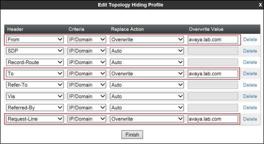 For the, From, To and Request-Line headers, select Overwrite in the Replace Action column and enter the enterprise SIP domain avaya.lab.
