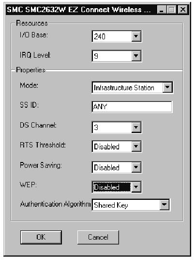 (Check for available resources under Windows NT Diagnostics.) Mode - Set to "AdHoc" or "Infrastructure". depending on the type of network you want to connect to (see page 17).