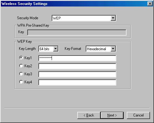 11. If you chose to connect to an encrypted network, the Wireless Security Settings screen