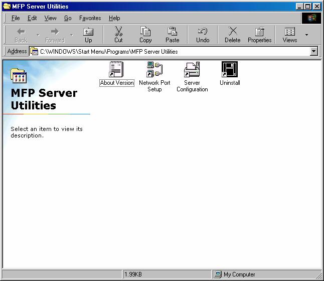 12.2 Server Utilities After the installation is completed, there will be three utilities and a text file in the MFP Server s Program folder.