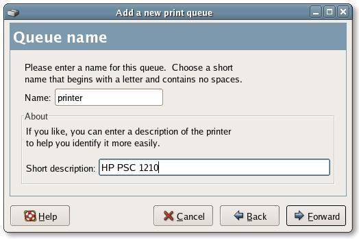 4. Set the printer queue name and the short description of the MFP or printer and click
