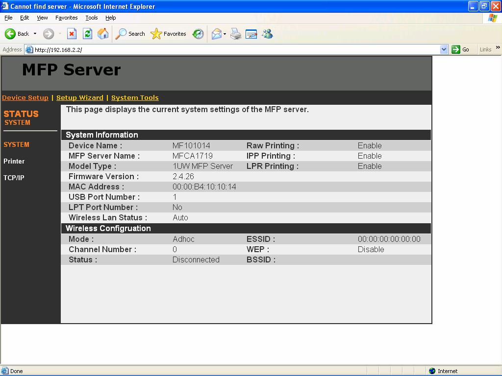 8.3 Device Setup 8.3.1 System System Information includes Device Name, MFP Server Name, Model