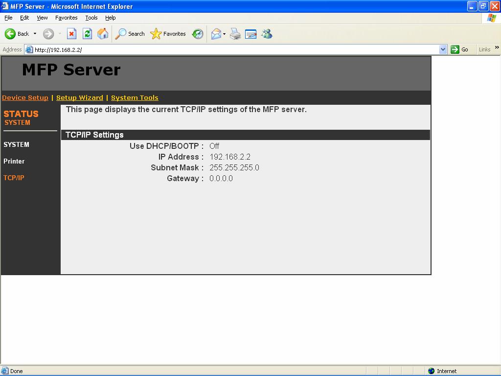 8.3.3 TCP/IP This page lists all TCP/IP settings of the MFP Server including IP