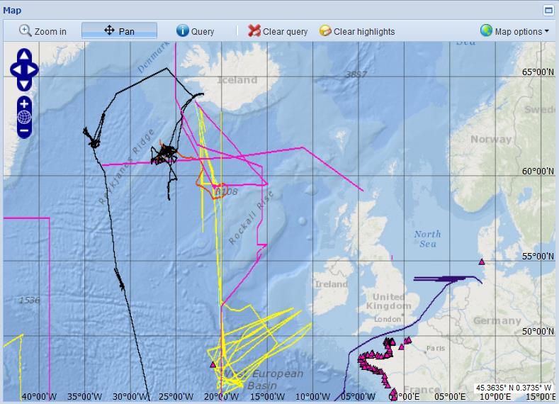 10 BCO-DMO Data Access Tutorial The colored lines represent cruise tracks; symbols represent fixed sampling sites (e.g. mooring locations or time-series sites).