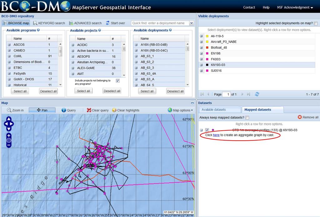 14 BCO-DMO Data Access Tutorial In the Datasets panel (in the lower right of the browser window), select the CTD 1m averaged profiles dataset from the list of available datasets from this cruise.