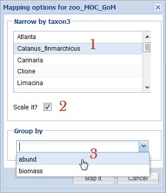 24 BCO-DMO Data Access Tutorial Select the options in the dialog box: 1. First, you must choose a taxon from the list. Select Calanus finmarchicus. 2.