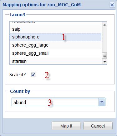 Last, you can choose biomass or abund (abundance) as the measurement by which to group the data. Select abund. Click the Map it button to see the results.