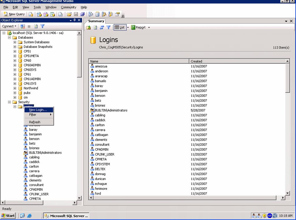 Creating the Cognos BI Content Store 5. Create a user account (Login) called cognos and grant it public and db_owner access to the cm database: a.