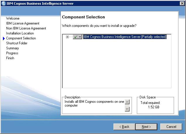 Installing Cognos BI Server 7. Click Yes in the message box to confirm that you want to create the installation directory. 8.