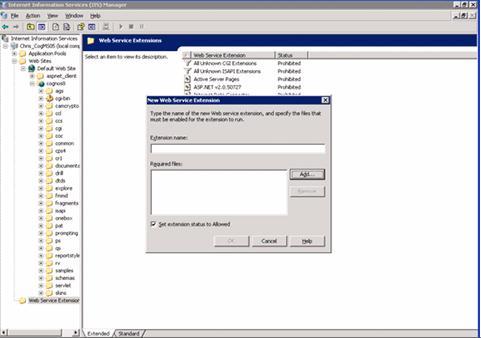 Configuring Microsoft IIS for Use with Cognos BI 2. From the New Web Service Extension dialog box, do the following: a. In the Extension name field, enter ibmcognos. b. Select Set extension status to Allowed.