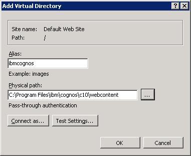 Configuring Microsoft IIS for Use with Cognos BI Click OK to continue 5. Right click the newly-created ibmcognos virtual directory, and click Add Virtual Directory. 6.