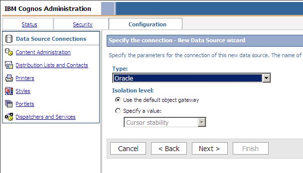 Configuring Data Sources Using Cognos Administration 8. Click Next. 9.