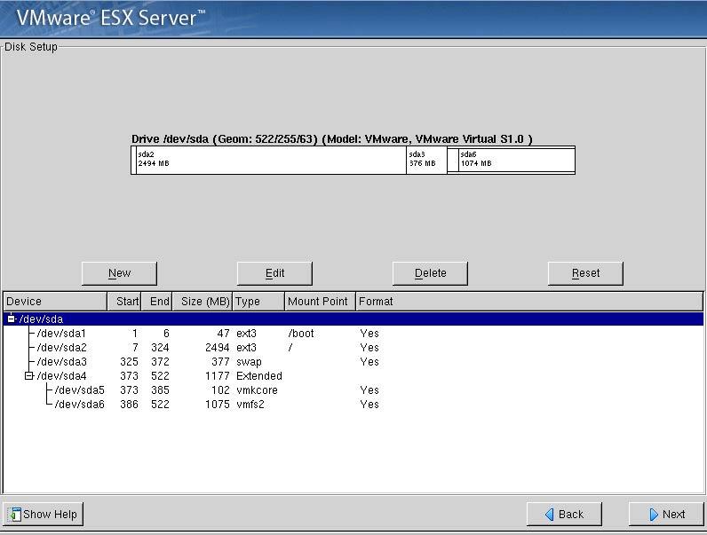 C H A P T E R 3 Installing and Configuring ESX Server Automatic Partitioning the installer estimates and creates partitions on your disk.