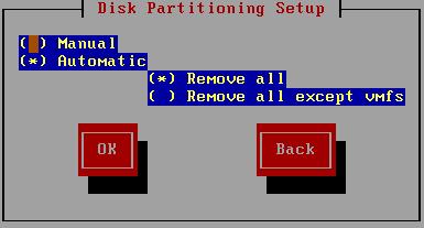 Select OK to continue. The Disk Partitioning screen appears. 18. If you are installing this ESX Server on an unformatted disk, the following message appears. Select Yes or No as appropriate. 19.