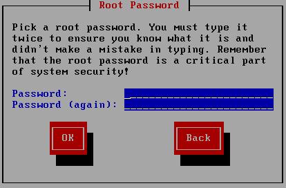 Select OK to continue. The Root Password screen appears. 33. Specify your desired root password. Root is the user name for the administrator.