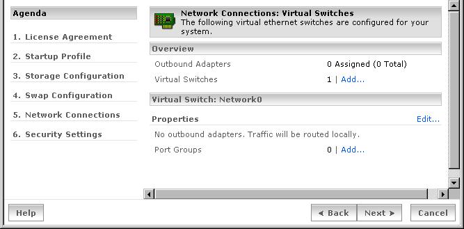 VMware ESX Server Installation Guide 16. Click Next. The next Network Connection screen appears and displays the virtual switches in your system. 17.
