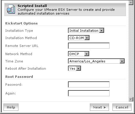 VMware ESX Server Installation Guide 5. The Scripted Install page appears. Enter the information for the script to use to configure another ESX Server system. 6.