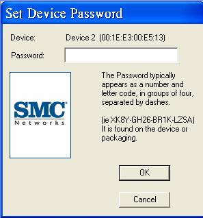 Figure 5-2: Set device password Enter the password (typically a number and letter code in groups of four, separated by dashes, to be found on the backside of the device or the packaging) and click OK