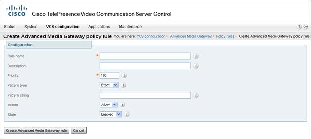 Configuring the Cisco VCS Specify the Cisco AM GW routing policy This is where you can set up policy rules to control which calls can use the Cisco AM GW. 1.