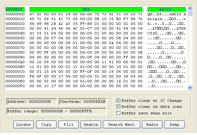 HEX/ASCII Data Buffer When you select Edit from the Buffer menu with the appropriate file type, the system opens the Data Buffer (HEX/ASCII) Edit window, illustrated below.