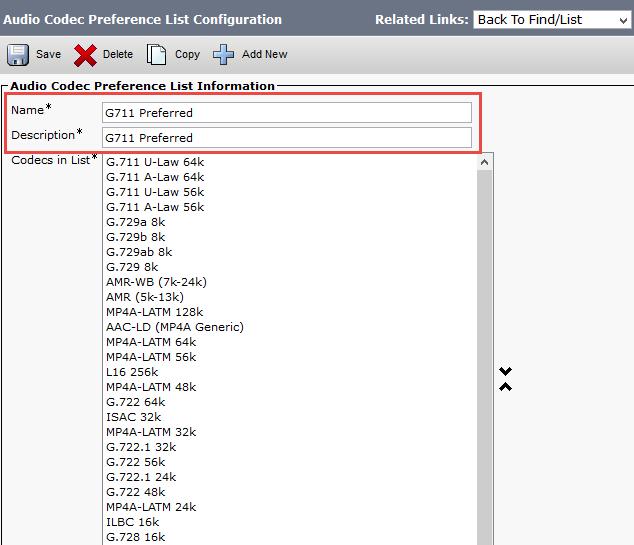 Cisco UCM Audio Codec Preference List Navigation Path: System Region Information Audio codec preference list Cisco UCM 11.0.1 has a feature called Audio Codec Preference List.